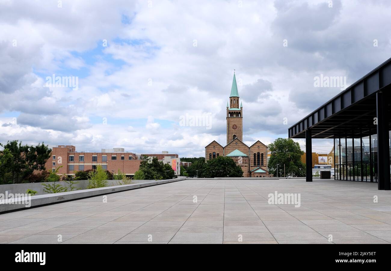 Berlin, Germany, May 30, 2022, view from the terrace of the Neue Nationalgalerie to St. Matthew's Church in Tiergarten, Stock Photo