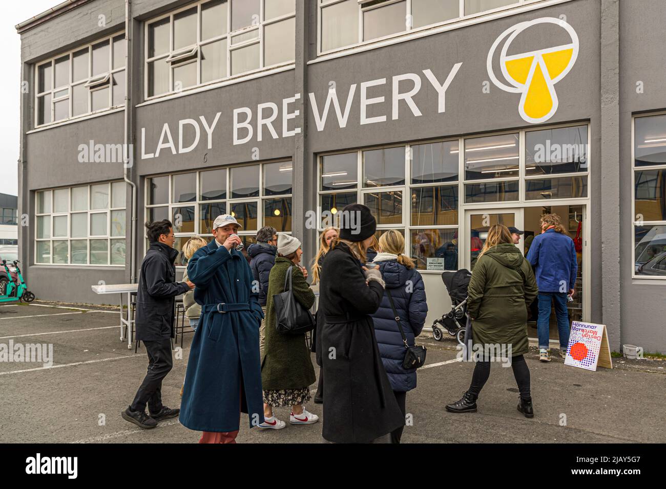 Lady Brewery parties with designers in Reykjavik, Iceland. Design March in Reykjavik is Iceland's major design festival, bringing together participants and guests with progressive design and innovation. Lady Brewery has been brewing the festival beer for several years Stock Photo
