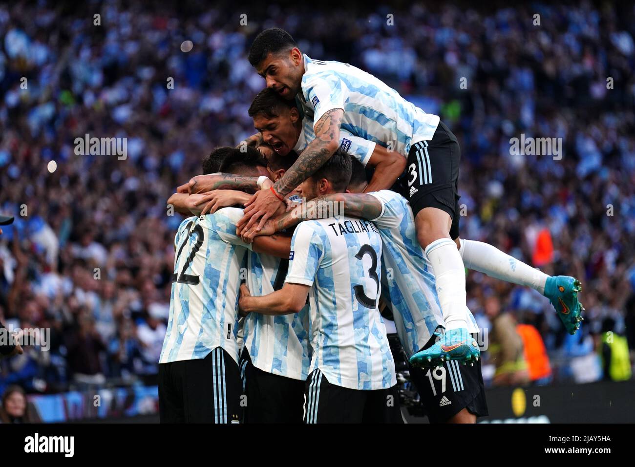 Argentina&rsquo;s Lautaro Martinez is mobbed by team-mates as he celebrates