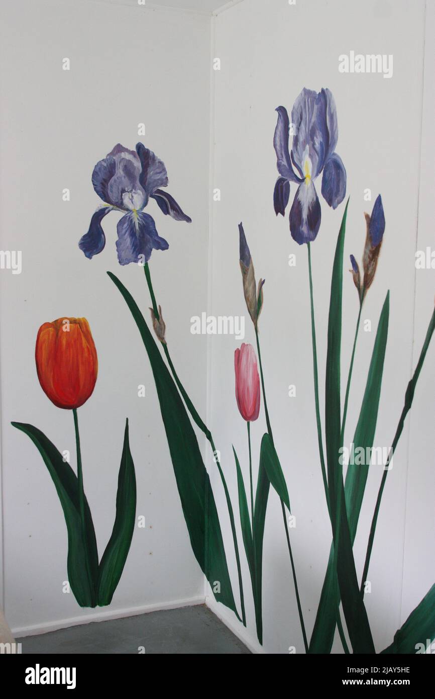 Iris and Tulip painting. Artwork mural of acrylic paint on a