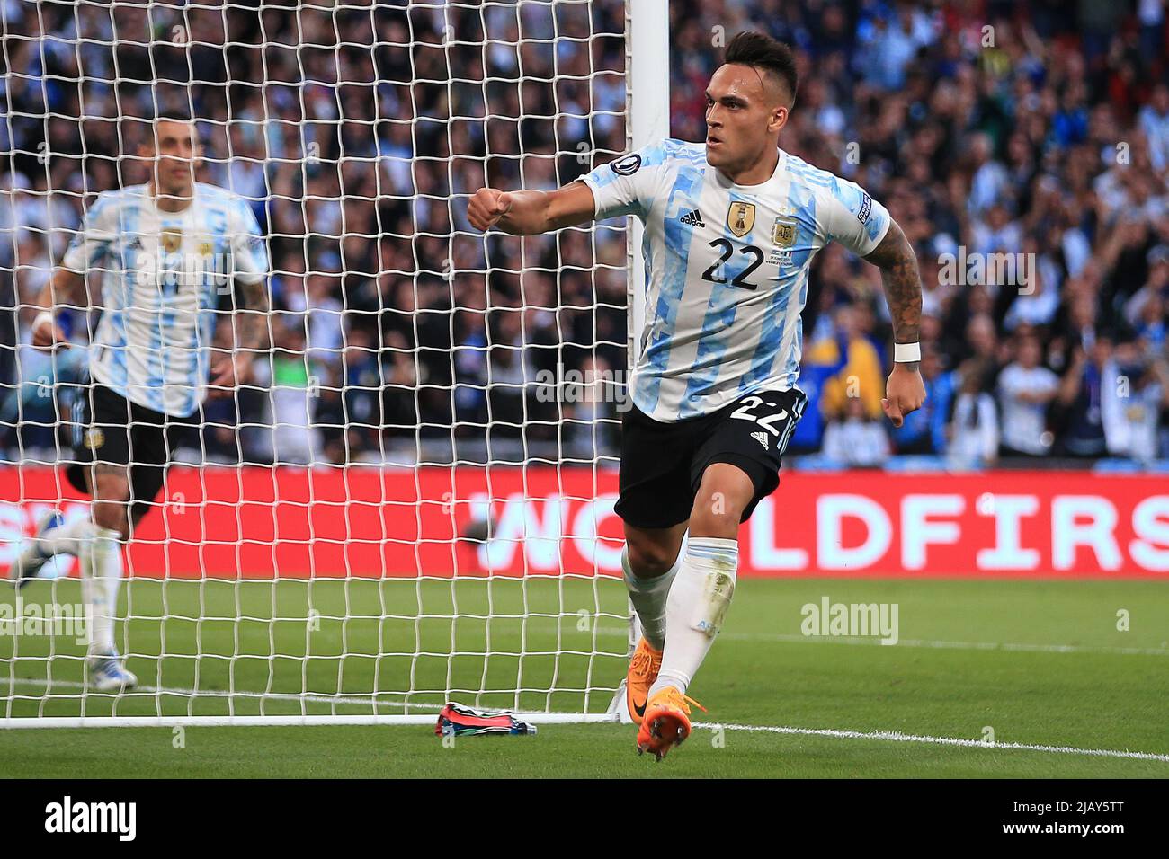 London, UK. 01st June, 2022. Lautaro Martinez of Argentina celebrates after he scores his teams 1st goal. Finalissima 2022 match, Italy v Argentina at Wembley Stadium in London on Wednesday 1st June 2022. Editorial use only. pic by Steffan Bowen/Andrew Orchard sports photography/Alamy Live news Credit: Andrew Orchard sports photography/Alamy Live News Stock Photo