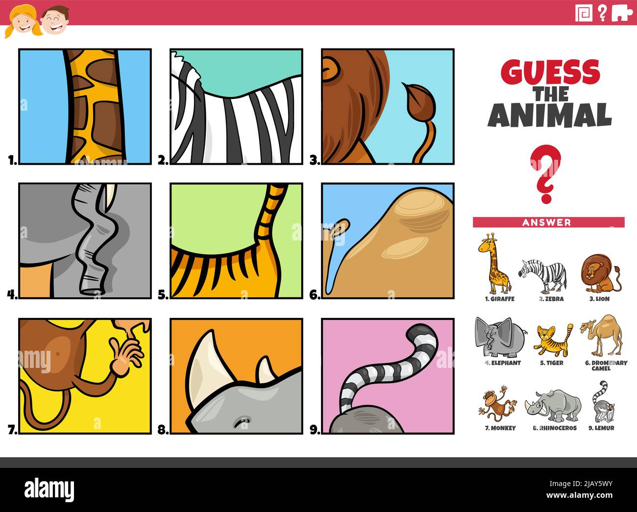 Cartoon illustration of educational game of guessing the animal species