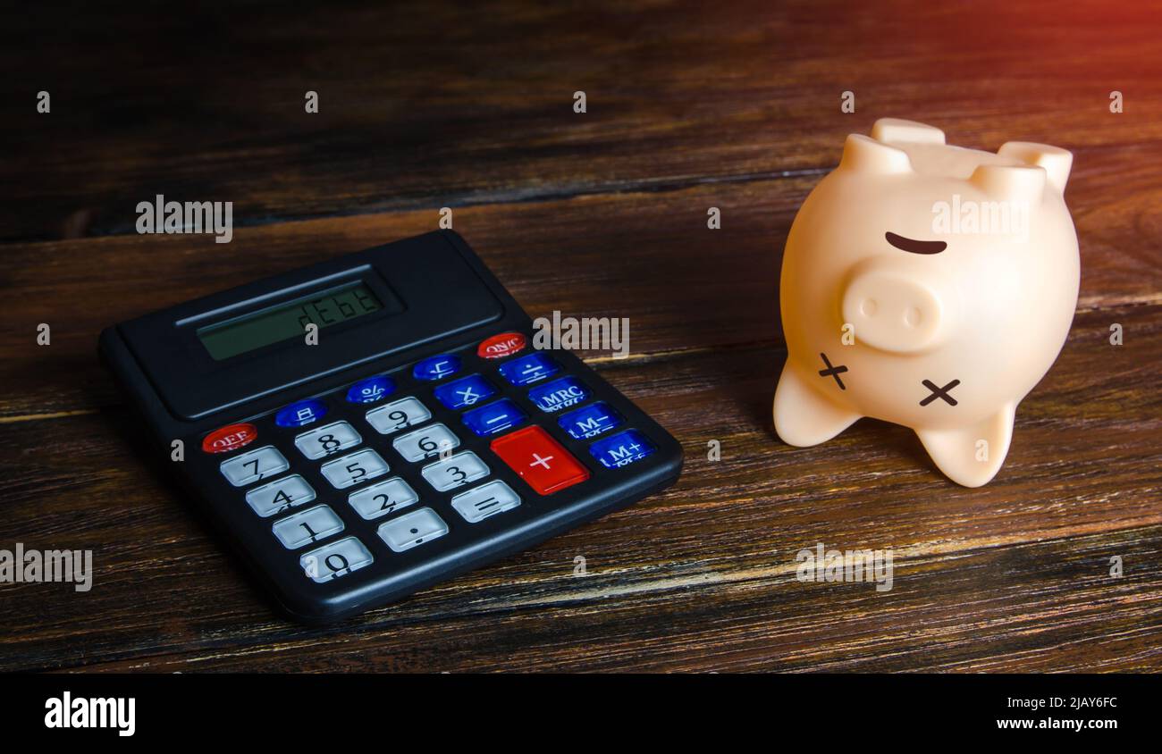 Debts and depleted savings. Dead empty piggy bank. Bankruptcy and business closure due economic crisis. Refinancing and restructuring of debts, reduct Stock Photo