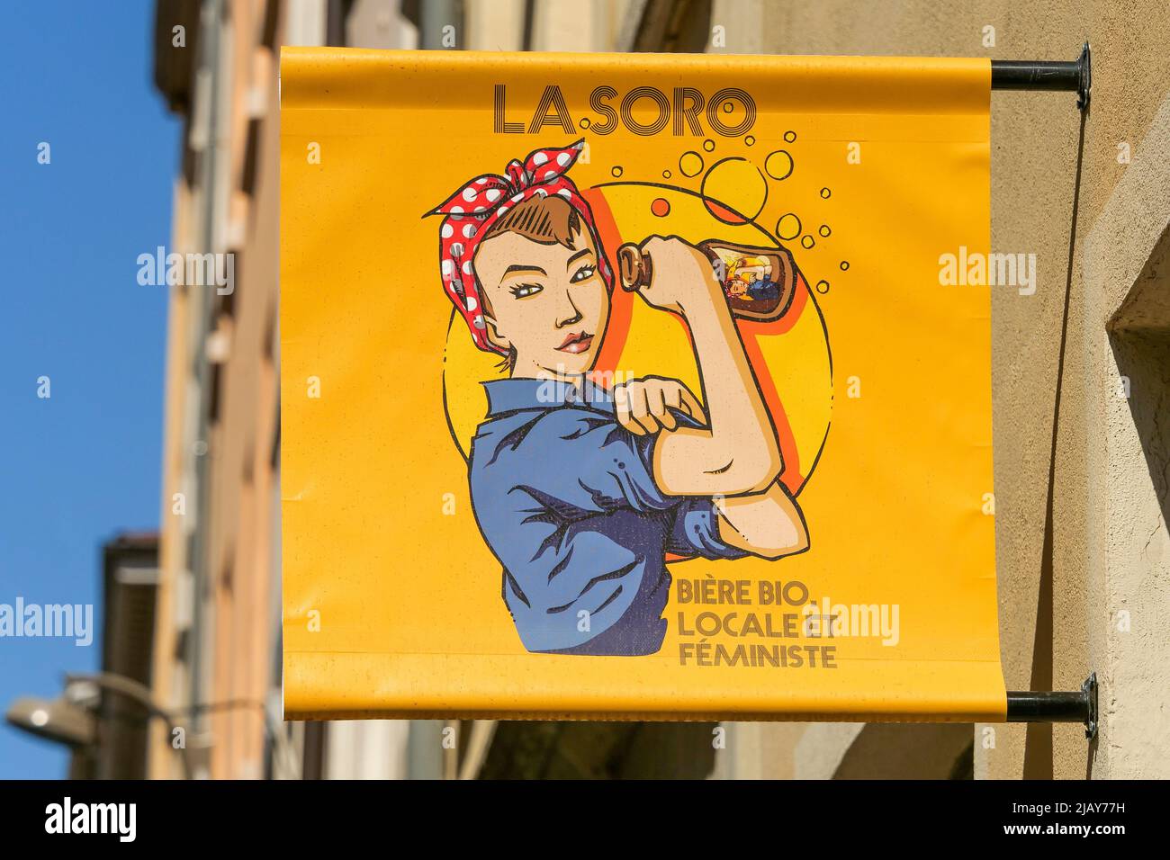 Sign of La Soro brewery, organic, local and feminist beer, Croix-Rousse  district, Lyon, Rhone-Alps Auvergne region, Central-Eastern France Stock  Photo - Alamy