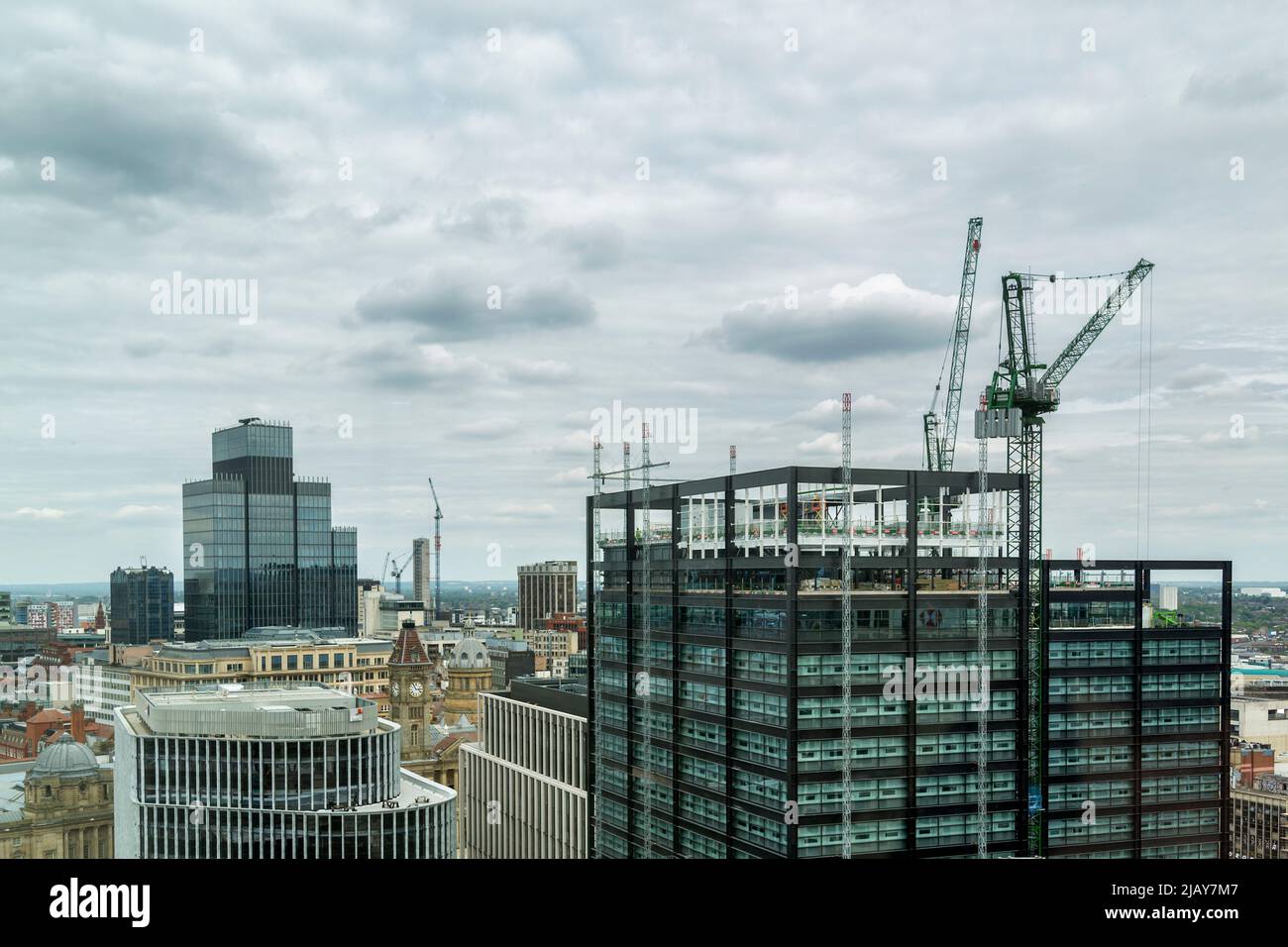 An elevated view of One Centenary Way, seen here under construction and forming part of the Paradise Development in Birmingham City Centre, UK. Stock Photo