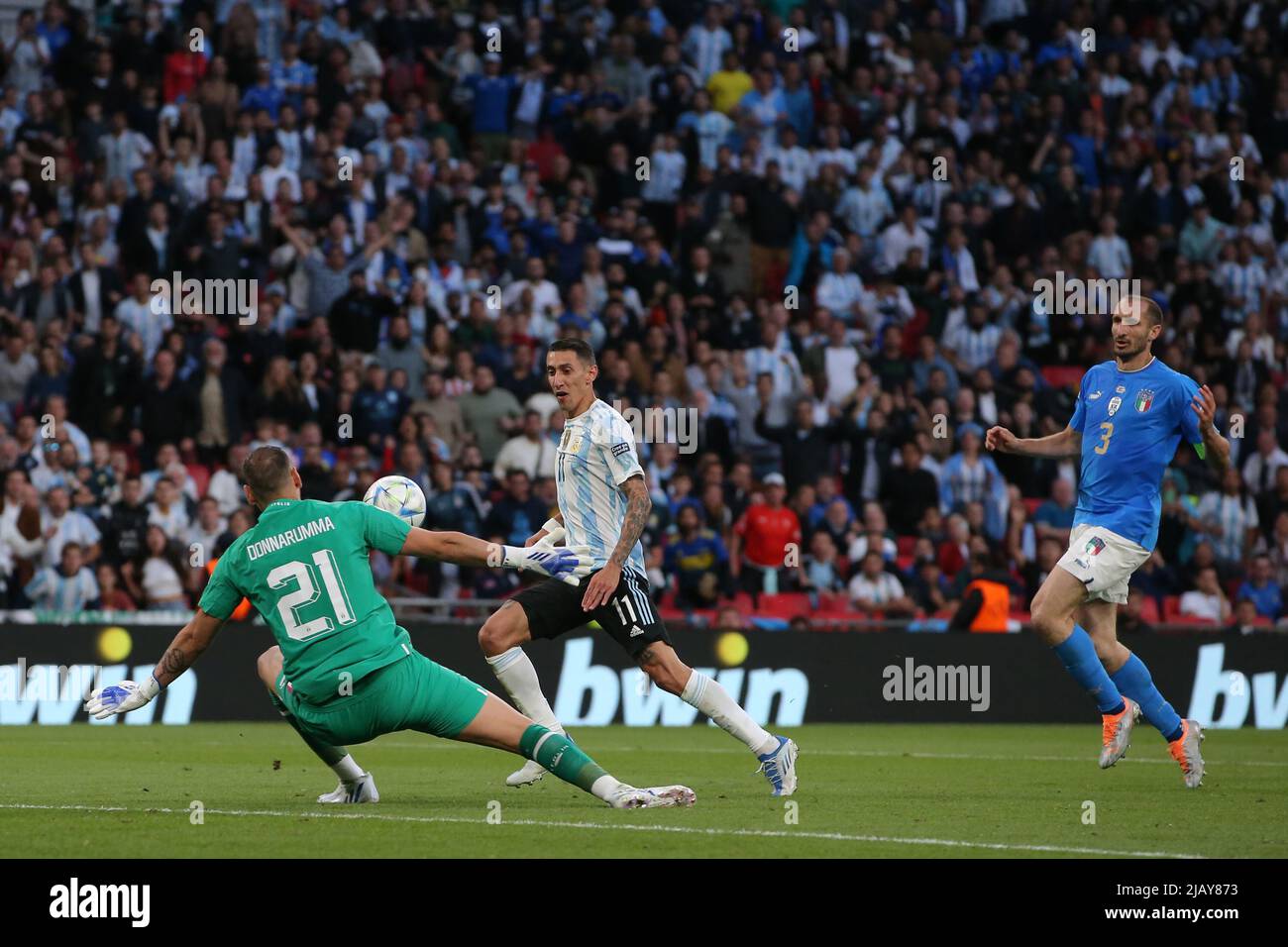 London, England, 1st June 2022. Giorgio Chiellini of Italy looks on as Angel Di Maria of Argentina scores past Gianluigi Donnarumma of Italy to give the side a 2-0 lead during the CONMEBOL-UEFA Cup of Champions match at Wembley Stadium, London. Picture credit should read: Jonathan Moscrop / Sportimage Credit: Sportimage/Alamy Live News Credit: Sportimage/Alamy Live News Stock Photo