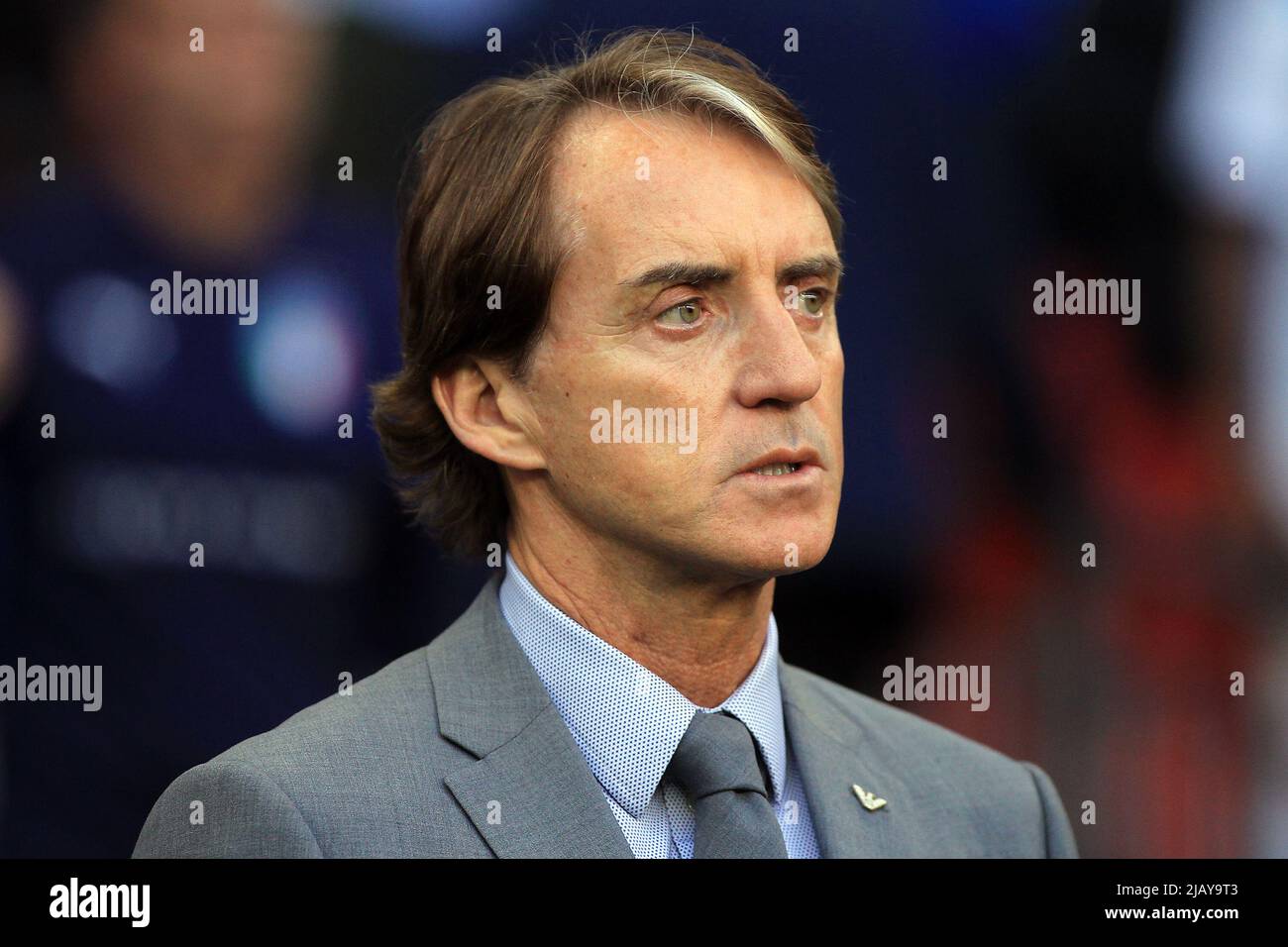 London, UK. 01st June, 2022. Italy Manager Roberto Mancini looks on. Finalissima 2022 match, Italy v Argentina at Wembley Stadium in London on Wednesday 1st June 2022. Editorial use only. pic by Steffan Bowen/Andrew Orchard sports photography/Alamy Live news Credit: Andrew Orchard sports photography/Alamy Live News Stock Photo