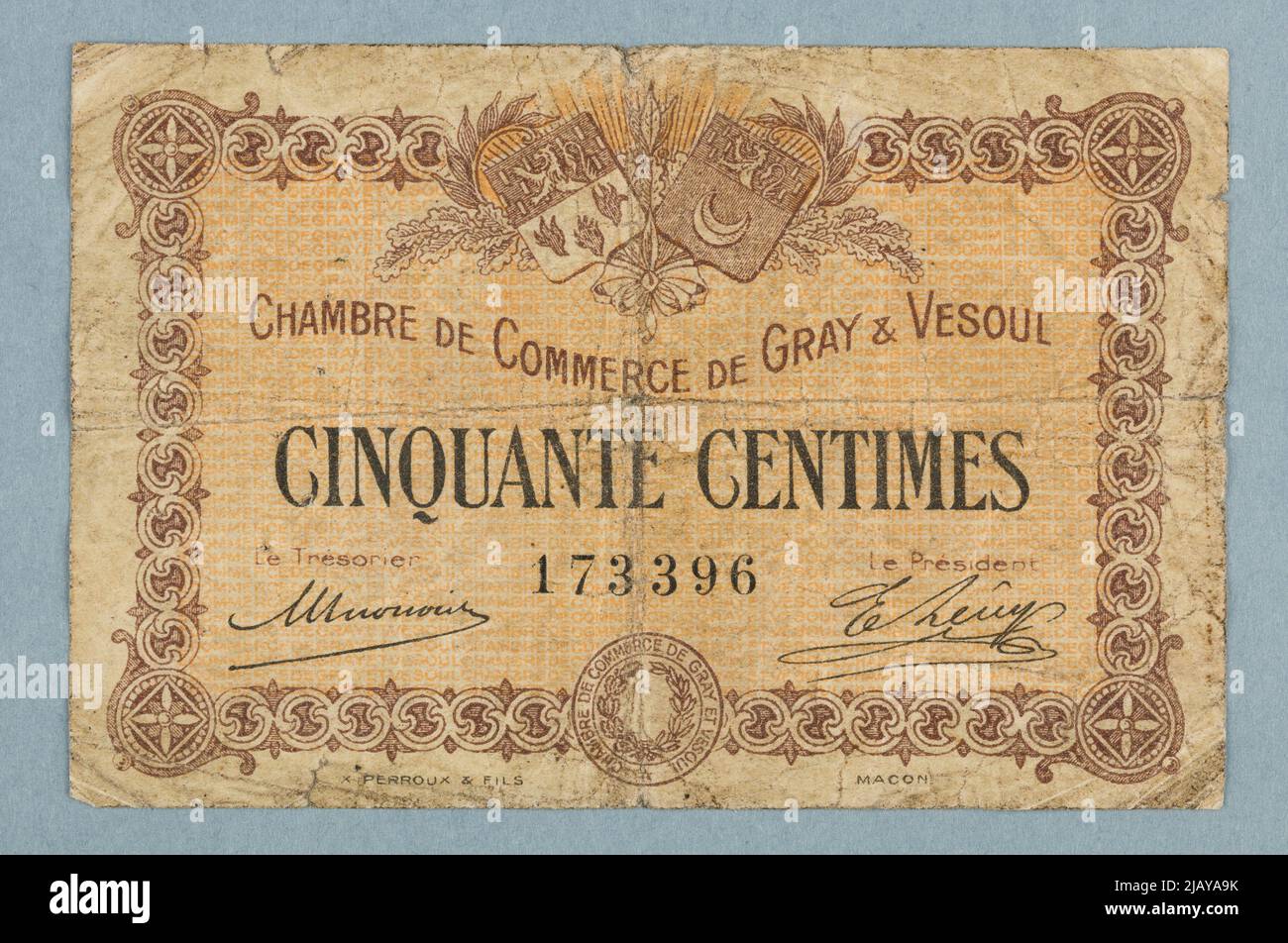 GO5 20 Cents, Gray & Vesouf Chamber of Commerce, Ferg, 4.19.15 W..1.01. 1921 X. Perroux & Fils, Macon Stock Photo