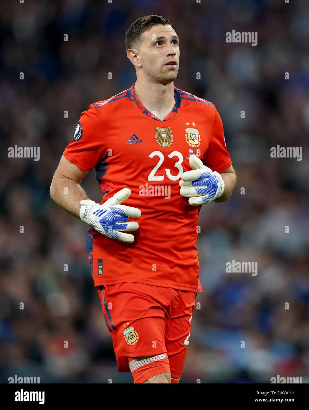 Argentina goalkeeper Emiliano Martínez during the Finalissima 2022 match at Wembley Stadium, London. Picture date: Wednesday June 1, 2022. Stock Photo