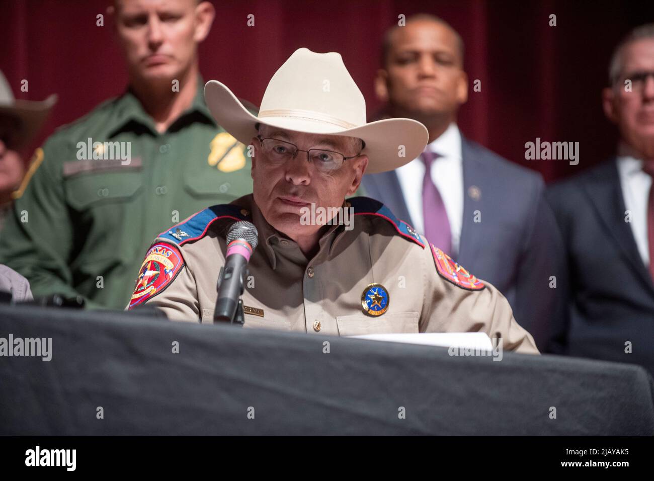 Uvalde Texas USA, May 25 2022: Texas state officials, including Texas Department of Public Safety Director STEVE MCCRAW, hold a press briefing at Uvalde High School a day after an 18-year old gunman entered Robb Elementary School and killed 19 students and two teachers. ©Bob Daemmrich Stock Photo