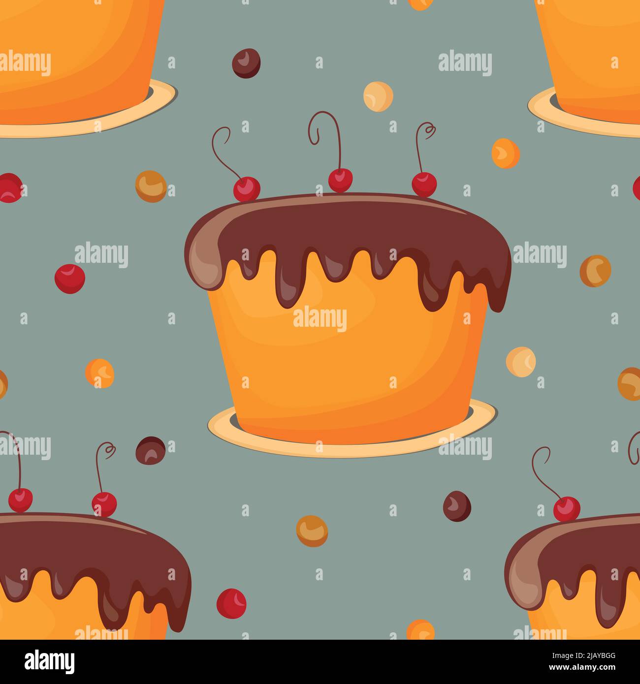 Holiday cooking seamless pattern. Cupcake, cake, sweet pastry, cupcake with colored icing and colorful details. Food concept. Realistic vector Stock Vector