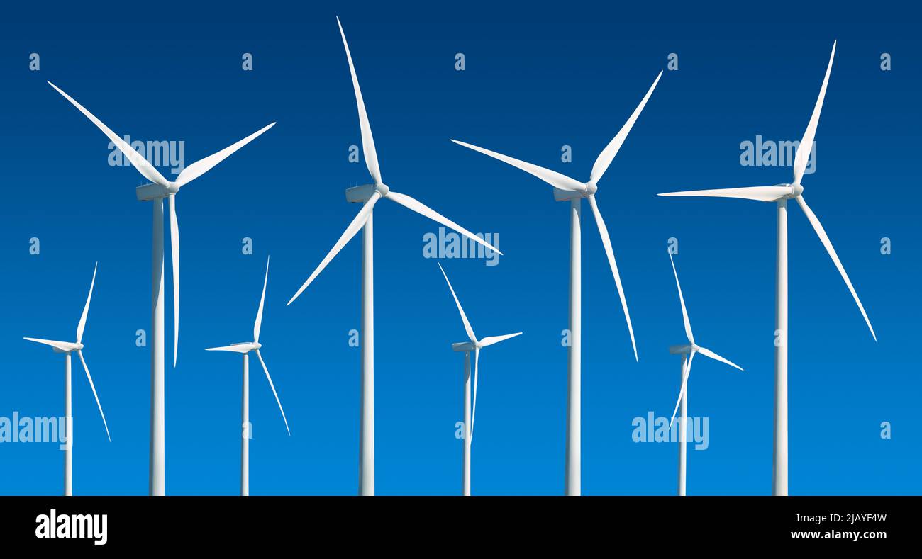 Three-bladed wind turbines at different angles, isolated collection on blue background Stock Photo