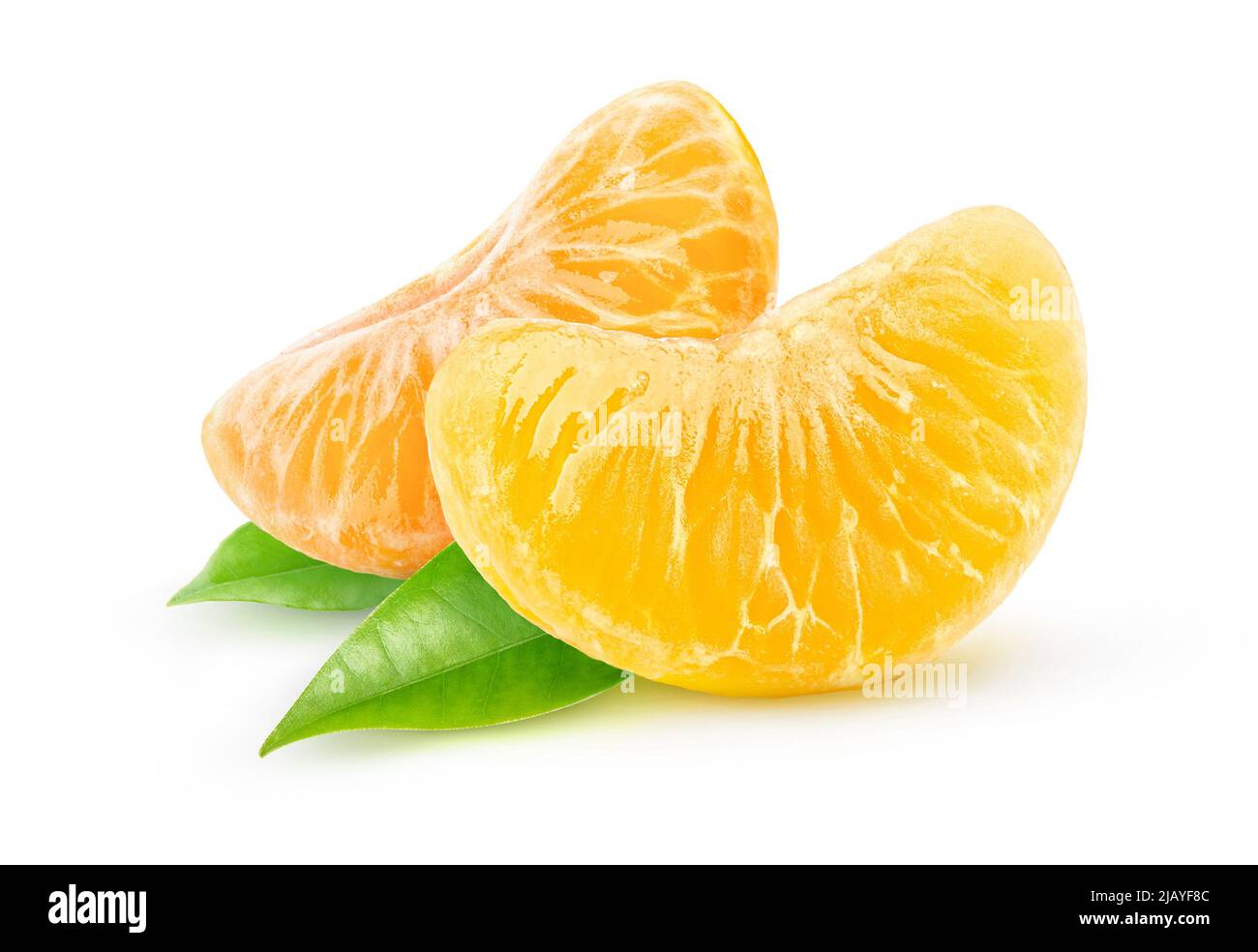 Two peeled citrus fruits segments isolated on white background Stock Photo