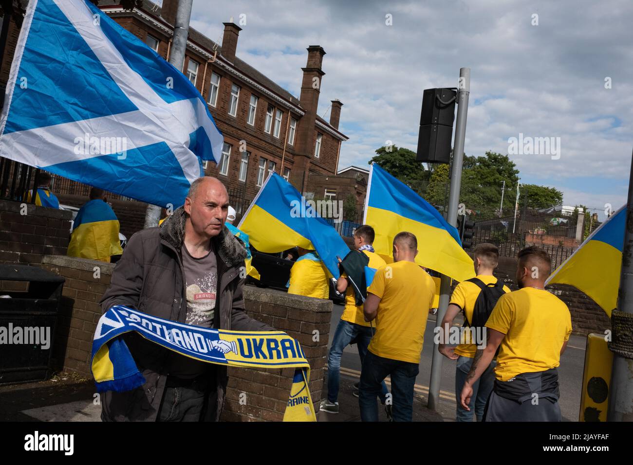 Glasgow, Scotland, 1st June 2022. Scotland and Ukraine football fans outside Hampden Park Stadium ahead of tonightÕs UEFA World Cup play-off game, in Glasgow, Scotland, 1 June 2022. Photo credit: Jeremy Sutton-Hibbert/Alamy Live News. Stock Photo