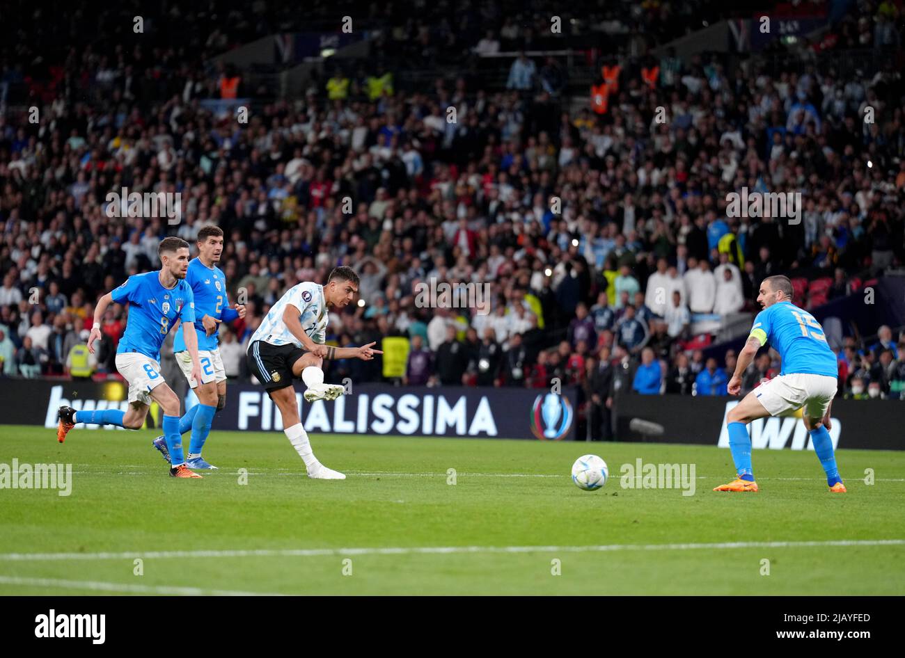 Argentina’s Paulo Dybala scores his sides third goal during the Finalissima 2022 match at Wembley Stadium, London. Picture date: Wednesday June 1, 2022. Stock Photo