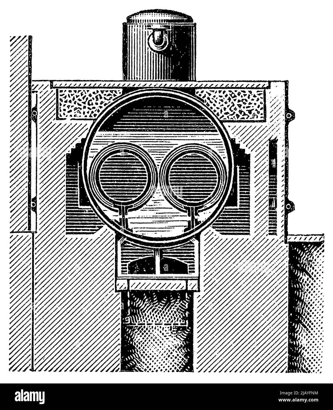Two-flue boiler, sectional view. Publication of the book 'Meyers Konversations-Lexikon', Volume 2, Leipzig, Germany, 1910 Stock Photo
