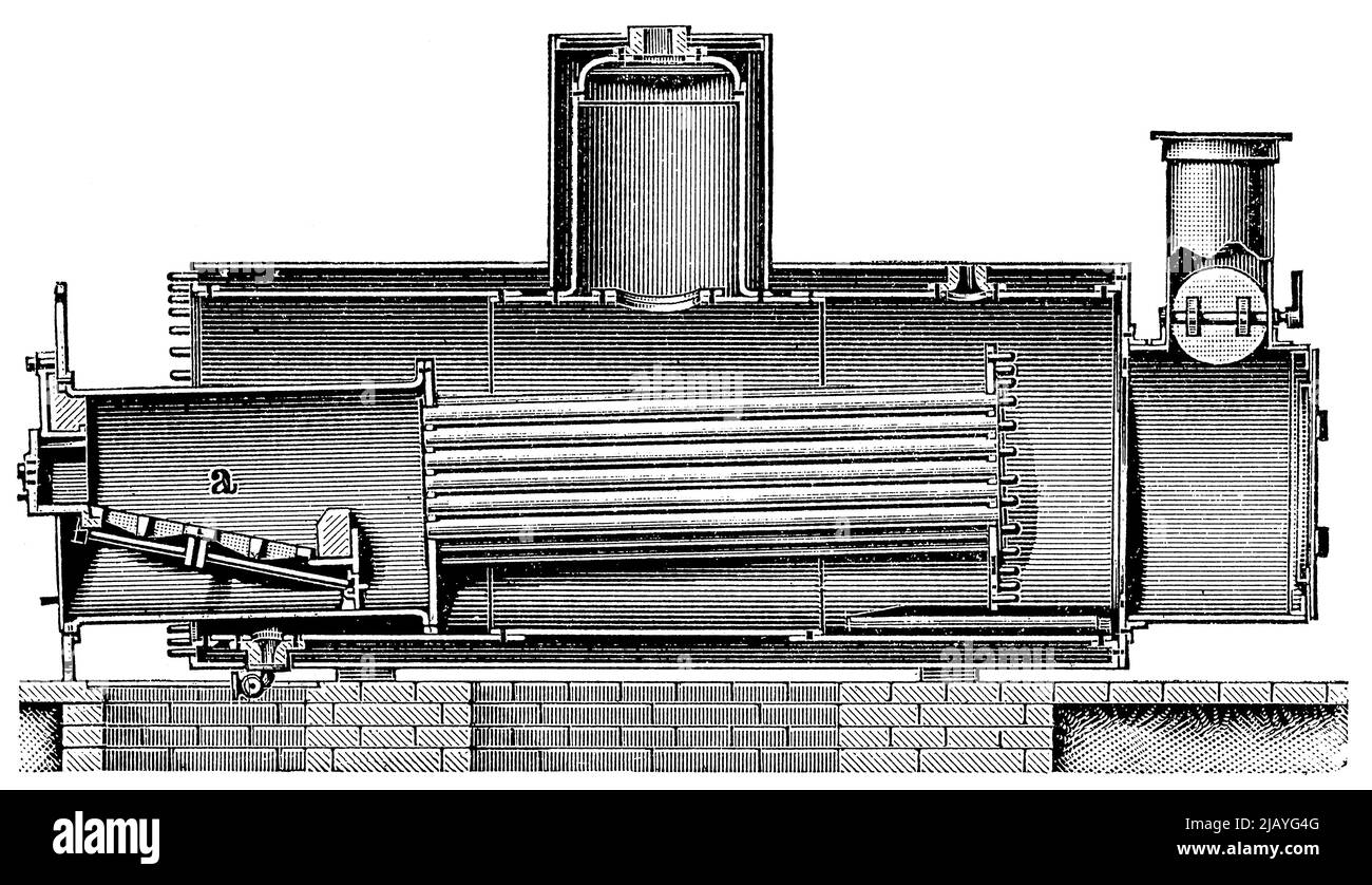 Extractable tube boiler, sectional view. Publication of the book 'Meyers Konversations-Lexikon', Volume 2, Leipzig, Germany, 1910 Stock Photo