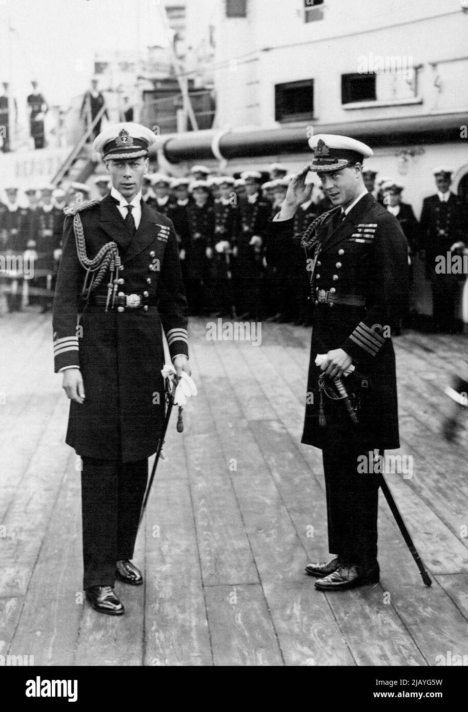 The Prince of Wales' Home Again: The Prince with his brother, the Duke of York on board H.M.S. 'Renown' on arrival at Plymouth. The Prince of Wales arrived back in London on June 22nd after his eight months tour in India, Japan, etc. January 7, 1935. (Photo by Central News). Stock Photo