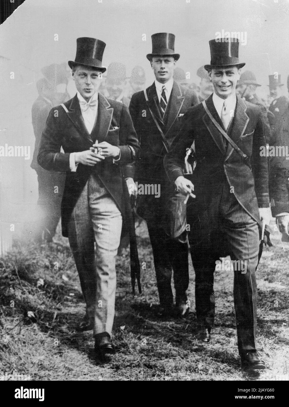 The Duke and Duchess of York Leave Tomorrow: The Duke of York with the Prince of Wales and Prince Henry taken at Epsom. The Duke and Duchess of York leave Portsmouth on H.M.S. Renown for their Australian tour, tomorrow (Thursday). April 28, 1937. Stock Photo
