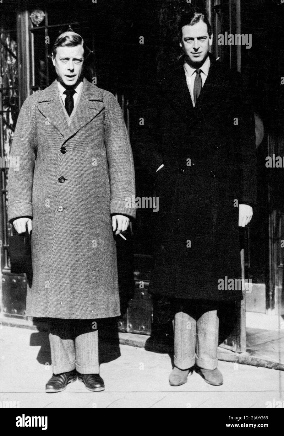 Duke of Windsor and Duke of Kent Meet in Vienna: The Duke of Windsor (left) and the Duke of Kent photographed outside the Hotel Bristol when they left the hotel after their talk. The Duke of Windsor met the Duke of Kent on Wednesday in Vienna, for the first time since the former's departure from England on Dec. 12th. The Duke of Kent arrived in Vienna from Munich where the Duchess of Kent is staying. The Duke of Windsor arrived from Carinthia. The two Royal brothers met in the private suite of the Hotel Bristol which is always used by the Duke of Windsor when he is visiting Vienna. February 26 Stock Photo