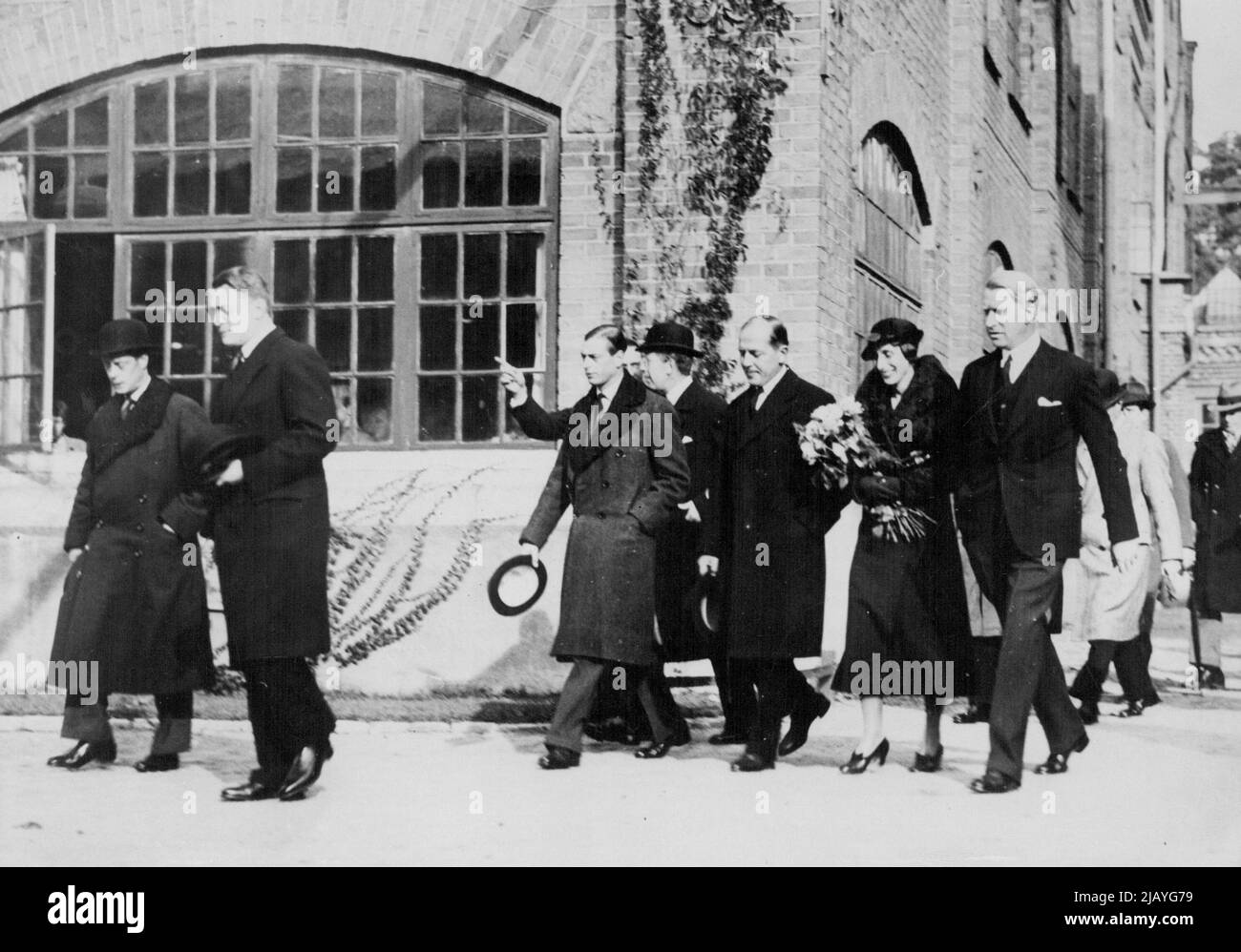The Princes High-Speed Visits to Swedish Factories: The Prince of Wales and Prince George with the Crown Prince of Sweden and others visiting the Electrolux works. The Prince of Wales and Prince George who are visiting the Swedish Royal family. Made a hurried tour of Swedish factories in the suburs suburb of the stockholm yesterday Oct. 4. November 14, 1932. (Photo by Associated Press Photo). Stock Photo