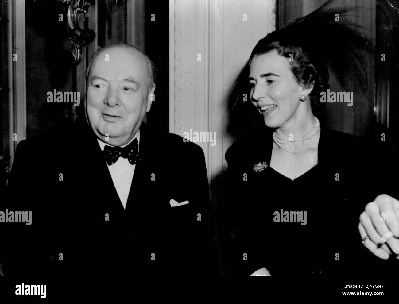 Winston's Birthday Smile : Mr. Winston Churchill's 75th birthday smile when he was ***** pictured at the luncheon with Queen Ingrid of Denmark. Mr. Winston Churchill, who is celebrating his 75th birthday, was guest of honor at a luncheon given at the Danish Embassy, Pont street, London, to-day (Wednesday). The King and Queen of Denmark, at present visiting England, and Mr. Clement Attlee, British Premier, were present. November 30, 1949. (Photo by Reuterphoto). Stock Photo