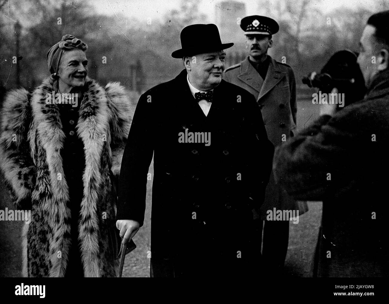 Official Visit - Mr. and Mrs. Churchill... happy pictures taken when they visited the Home Guard selection on the Horseguards Parade, London. January 01, 1945. (Photo by British Official Photograph). Stock Photo