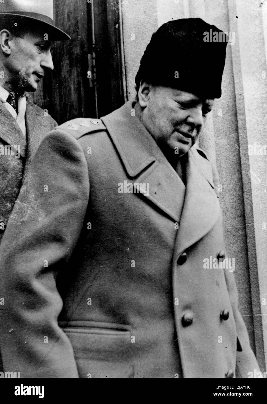 The Big Three Conference - Mr. Churchill leaving the British headquarters during the Three Power Conference at Yalta, Crimea. February 1, 1945. (Photo by British Official Photograph). Stock Photo