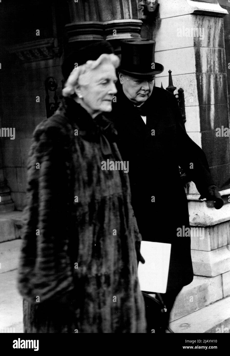 Memorial Service For Lord Norwich: Sir Winston and Lady Churchill leaving St. Margaret's, after the service this morning. A memorial service for Lord Norwich, was hold today at St. Margaret's, Westminster. January 07, 1953. (Photo by Fox Photos). Stock Photo