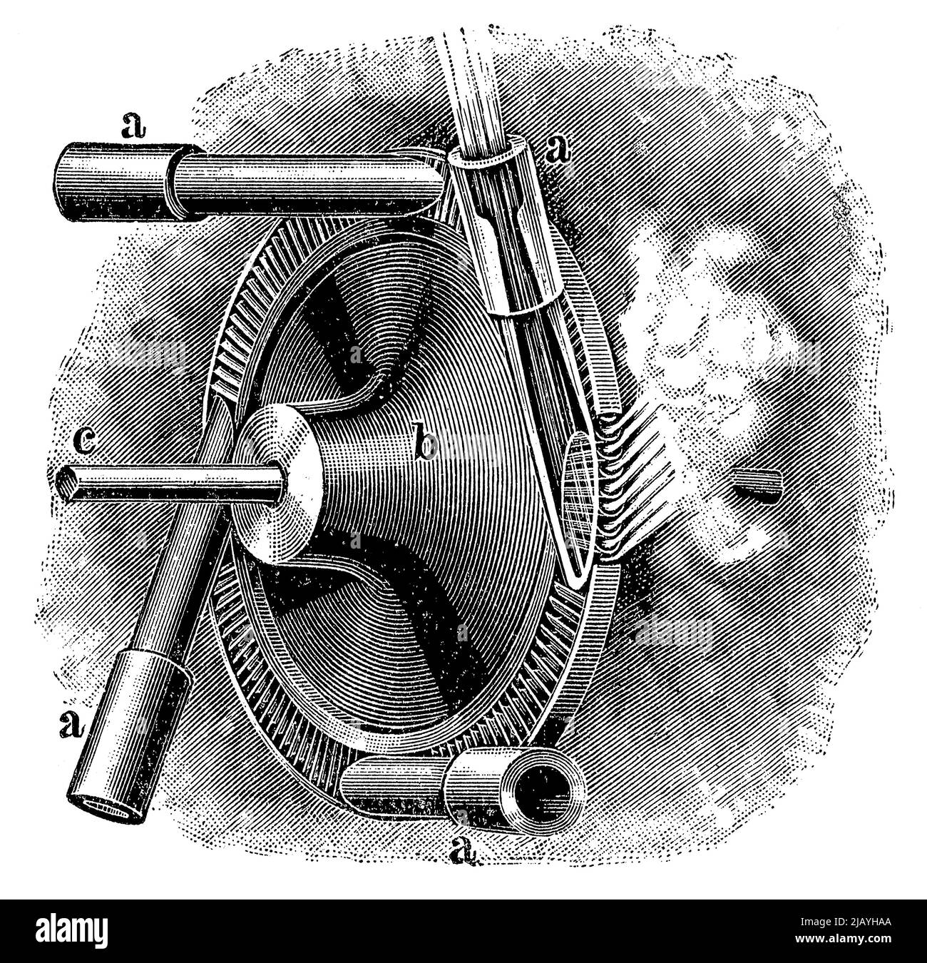 Impeller and nozzles of a de Laval steam turbine. Publication of the book 'Meyers Konversations-Lexikon', Volume 2, Leipzig, Germany, 1910 Stock Photo