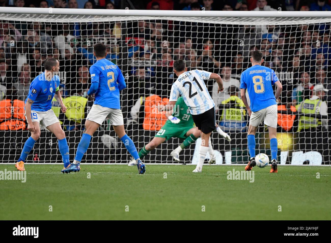 London, France. 01st June, 2022. Paulo Dybala of Argentina scores the goal of 0-3 during the Finalissima trophy 2022 football match between Italy and Argentina at Wembley stadium in London, England, June 1st, 2022. Photo Andrea Staccioli/Insidefoto Credit: insidefoto srl/Alamy Live News Stock Photo