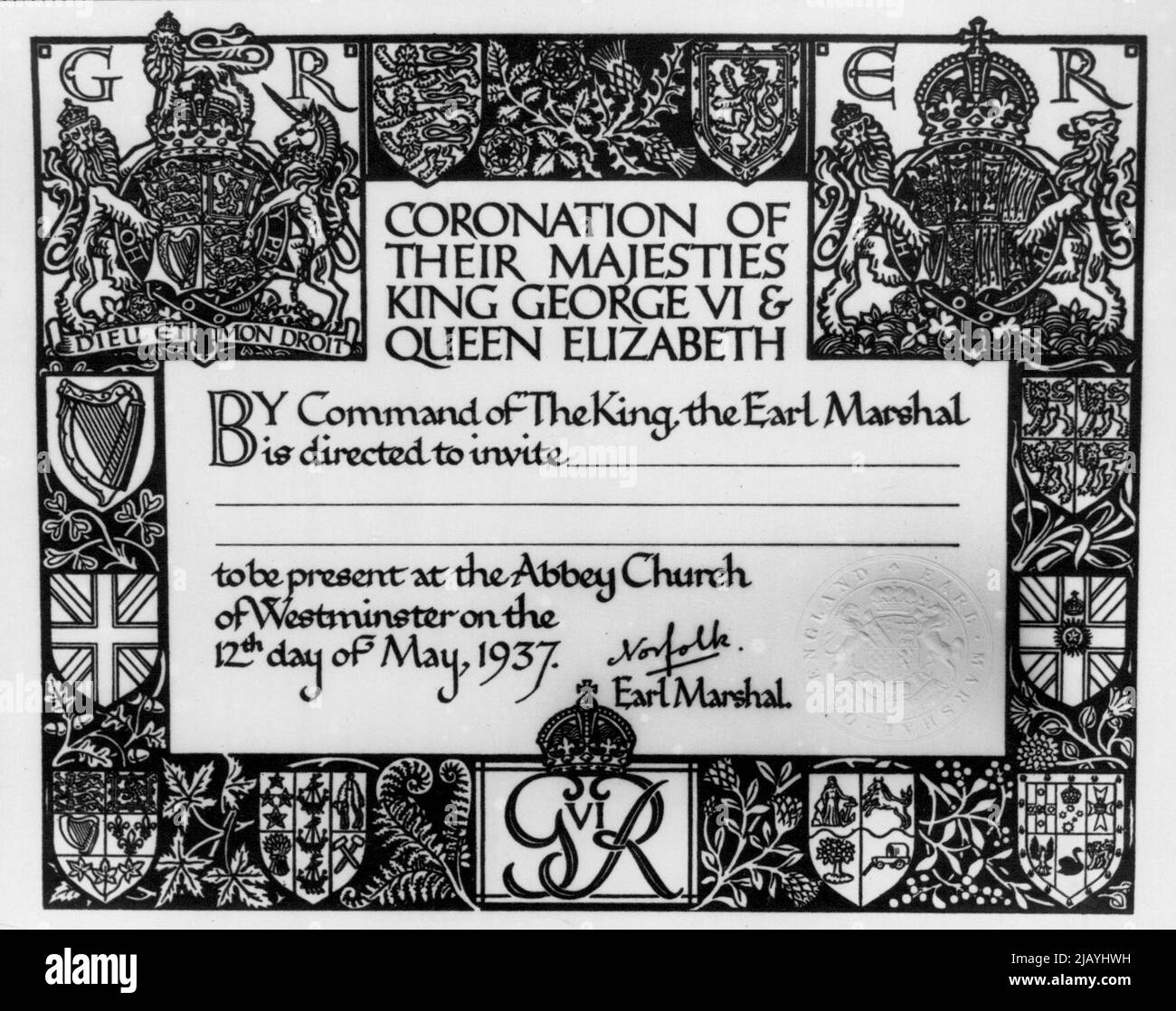 The Coronation Invitation With a border of Dominions Etc. Plc Emblems and Shields of Arms as Follows. England H.M. The King Ireland Union. Scotland H.M. The Queen Wales India. Canada New