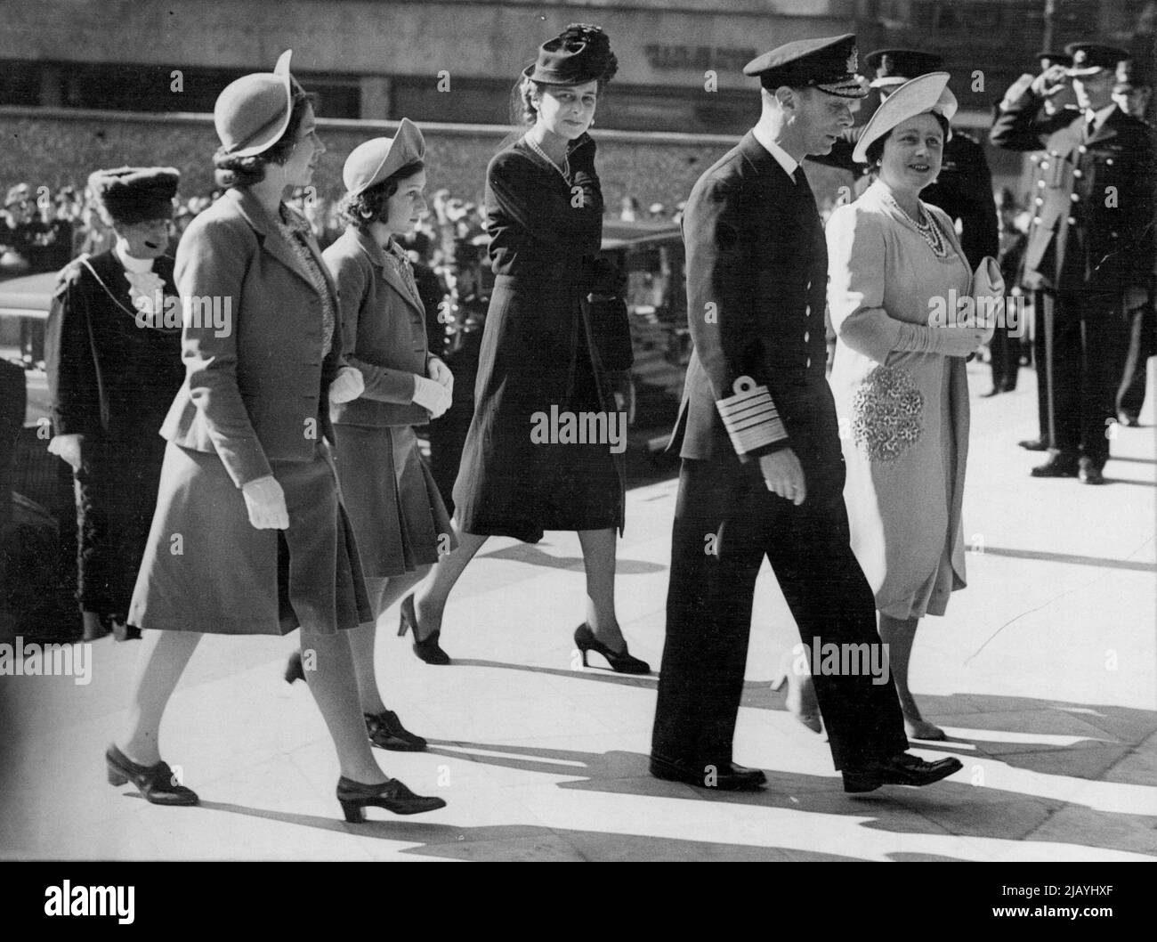 Royal Family Attend Thanksgiving Service At St. Pauls Cathedral -- The King and Queen with Princess Elizabeth, Princess Margaret Rose and the Duchess of Kent arriving for the service. The King and Queen, accompanied by the Princesses, attended a Thanksgiving Service for the North African victory, at St. Pauls Cathedral, London. May 19, 1943. Stock Photo