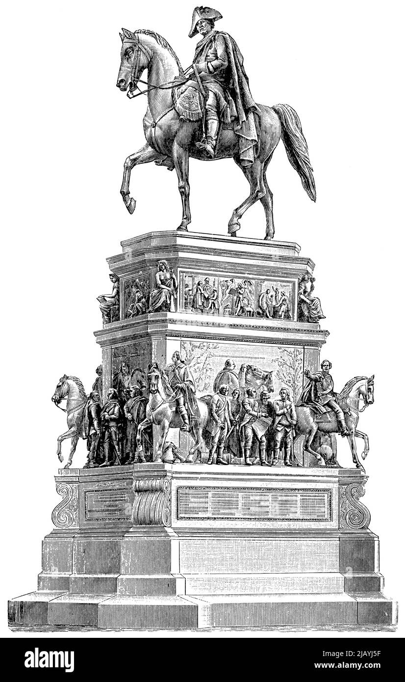 Equestrian statue of Frederick the Great of Unter den Linden in Berlin by a German sculptor Chr. Dan. Rauch. Publication of the book 'Meyers Konversations-Lexikon', Volume 2, Leipzig, Germany, 1910 Stock Photo