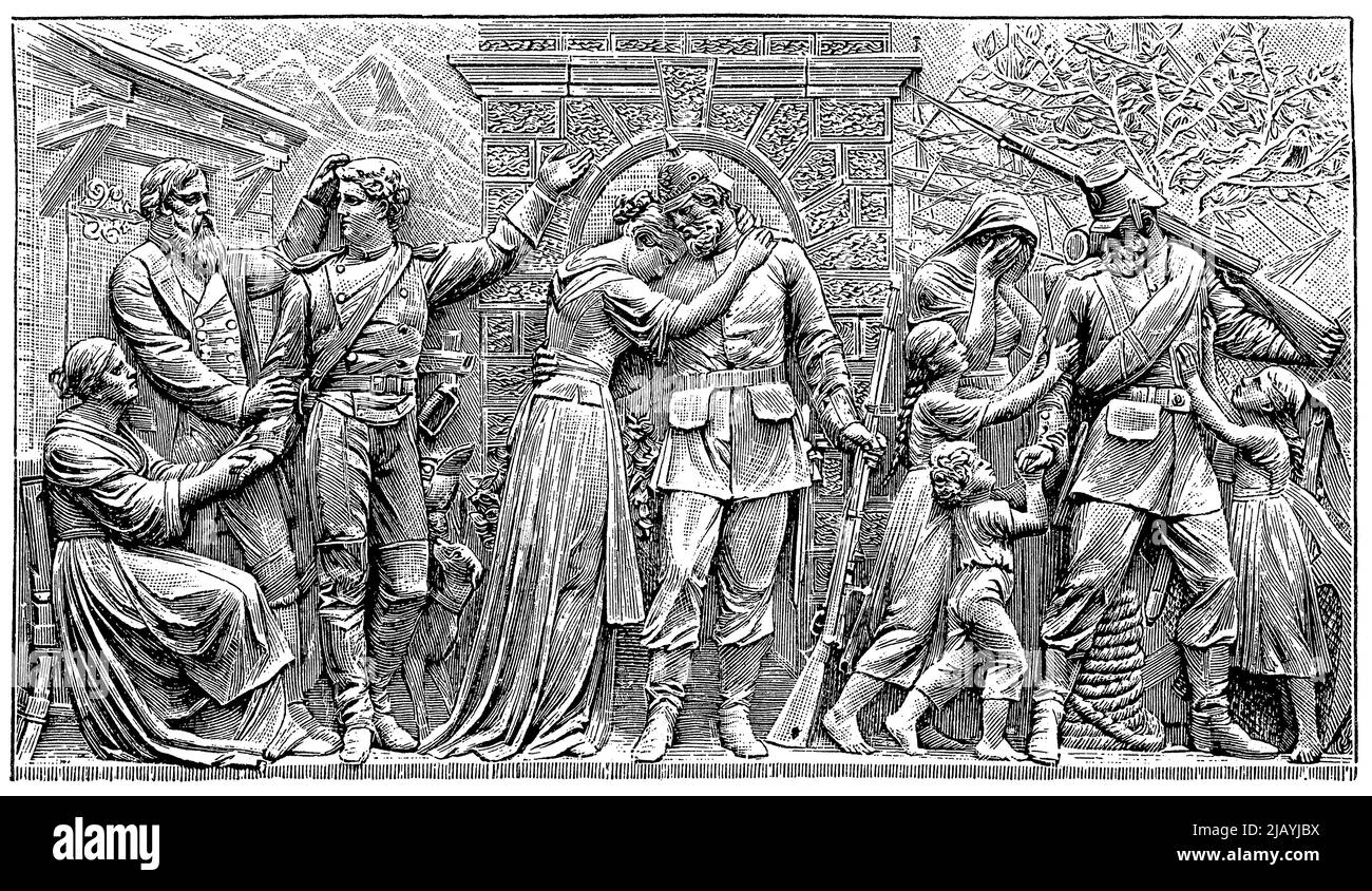 Base relief from the Niederwald monument. Farewell to the warriors by a German sculptor Johannes Schilling. Publication of the book 'Meyers Konversations-Lexikon', Volume 2, Leipzig, Germany, 1910 Stock Photo