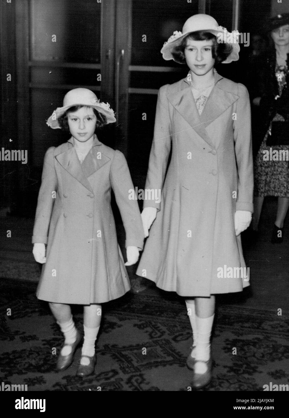 The Royal Princess Visit The International Horse Show at Olympia This Afternoon -- Princess Elizabeth and Princess Margaret Rose (who were accompanied by Viscount Halifax) seen arriving at the show. June 22, 1939. (Photo by Sport & General Press Agency Limited). Stock Photo