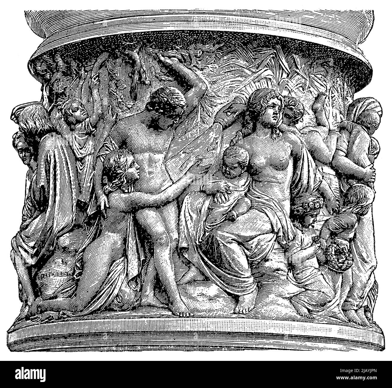 Base relief of Frederick William III of Prussia monument, in Berlin by a German sculptor Friedrich Drake. Publication of the book "Meyers Konversations-Lexikon", Volume 2, Leipzig, Germany, 1910 Stock Photo