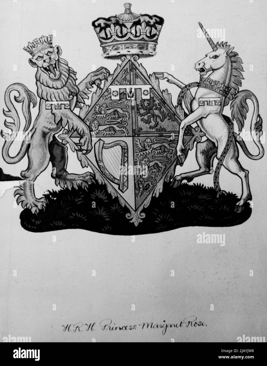 Coats-Of-Arms For Princesses -- Coats-of Arms for Princess Elizabeth and Princess Margaret have been approved by the King. The designs, prepared by Sir Gerald Wollaston before he retired from the post of Garter king of Arms, each consists of the Royal Arms with a label of Heraldic devices indicating their positions as daughters of the Sovereign. The label of Princess Elizabeth is of three points, the centre point charged with the Tudor Rose and each of the ***** with a St. George's Cross. Princess Margaret's label has the centre ***** charged with the Thistle and ***** the others with the Tudo Stock Photo