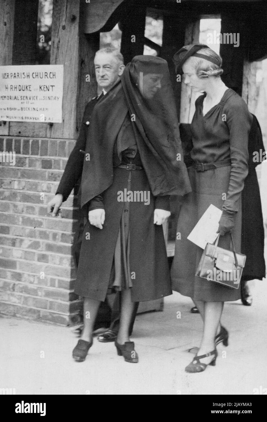 Duchess of Kent Attends Memorial Service For Her Dead Husband At Village Church -- The Duchess of Kent leaving after the Service at Iver. The Duchess of Kent attended the memorial service to her dead husband in the little village church at Iver, Bucks, near which the Duke and Duchess of Kent had their country home. August 30, 1942. Stock Photo