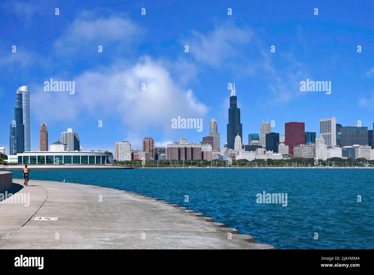 Chicago lakefront bicycle trail with view of downtown skyline Stock