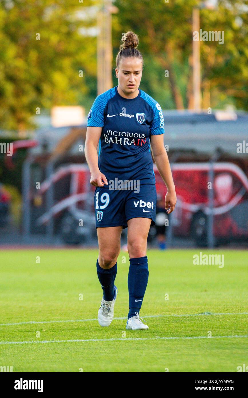 Thea Greboval of Paris FC reacts during the Womens French championship D1  Arkema football match between Paris FC and Dijon FCO on June 1, 2022 at  Dominique Duvauchelle stadium in Creteil, France -