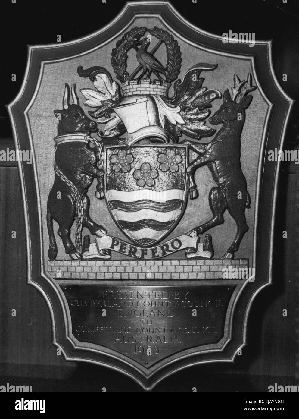 The coat of arms of the Cumberland County Council which was presented