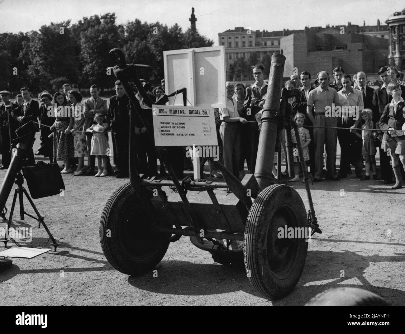 Russian Arms On View In London -- A 120 m.m. Mortar (Model 38), weight in action 578 lbs, weight of bomb 35 lbs, range 6,200 yds and Max rate of fire 12 round per minute. Russian equipment, captured from the Communists in Korea was on view on the Horse Guards Parade to-day for one week. It is the first time the equipment has been shown anywhere. July 02, 1951. Stock Photo