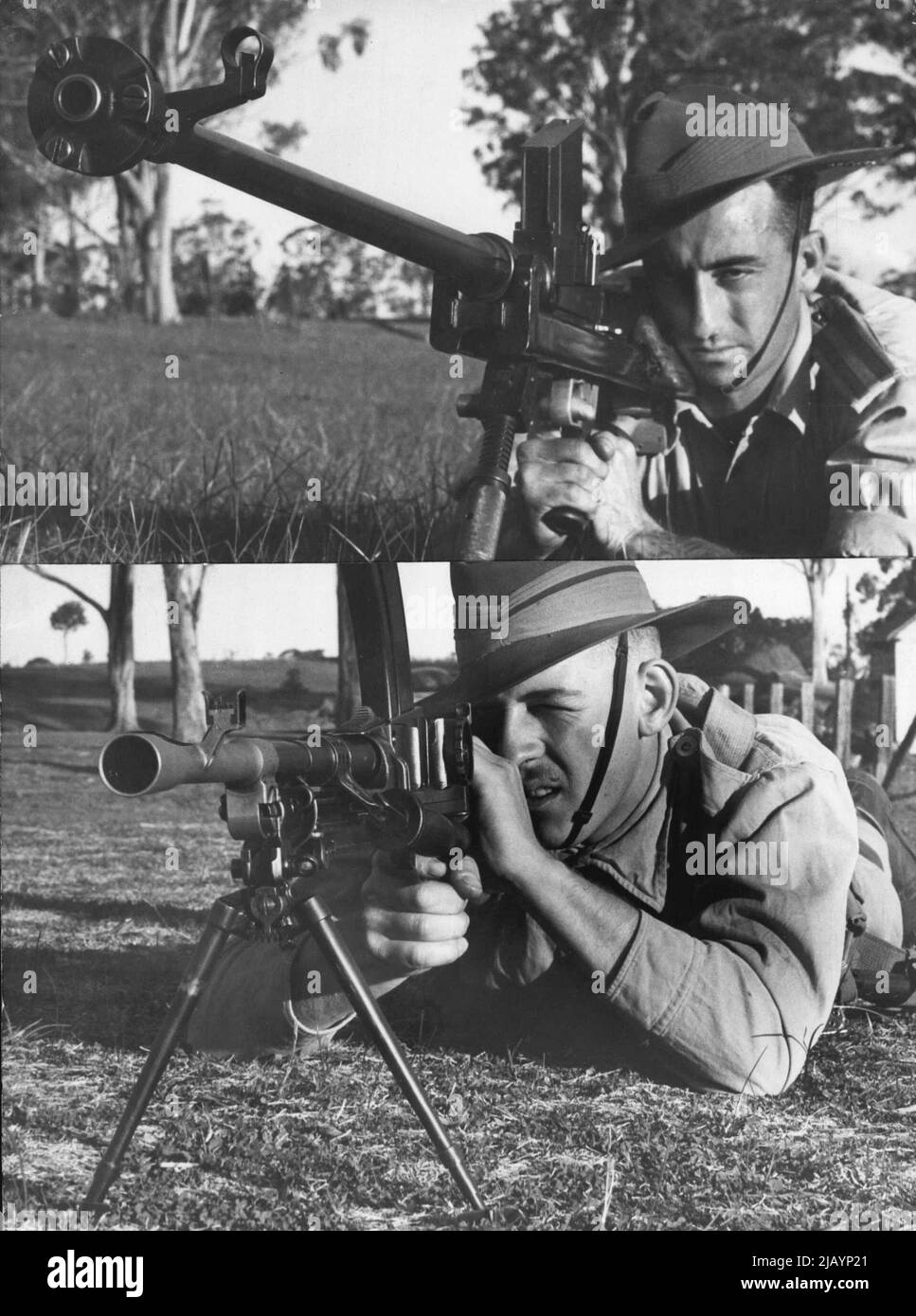 W/o Johnson A.K. behind the sights of an anti tank riffle at E.Com Training School for offices at ***** school at ***** learning to use a Brin gun. June 1, 1940. (Photo by Barry Newberry/Fairfax Media). Stock Photo