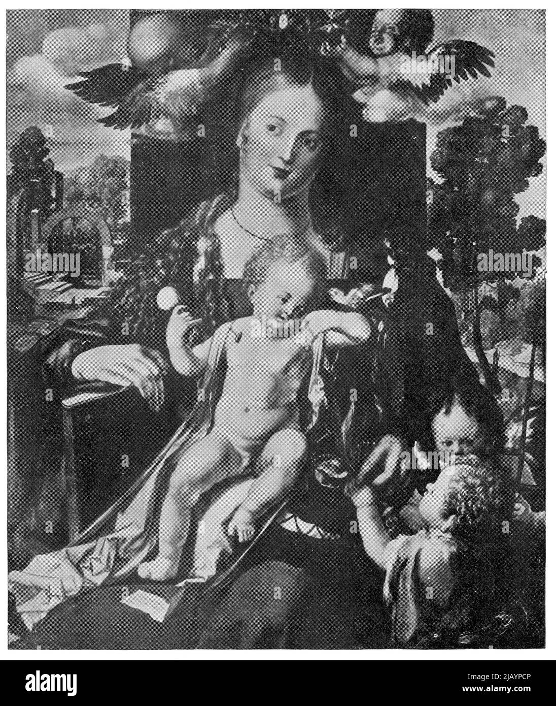 Madonna with the Siskin by a German painter Albrecht Duerer. Publication of the book 'Meyers Konversations-Lexikon', Volume 2, Leipzig, Germany, 1910 Stock Photo