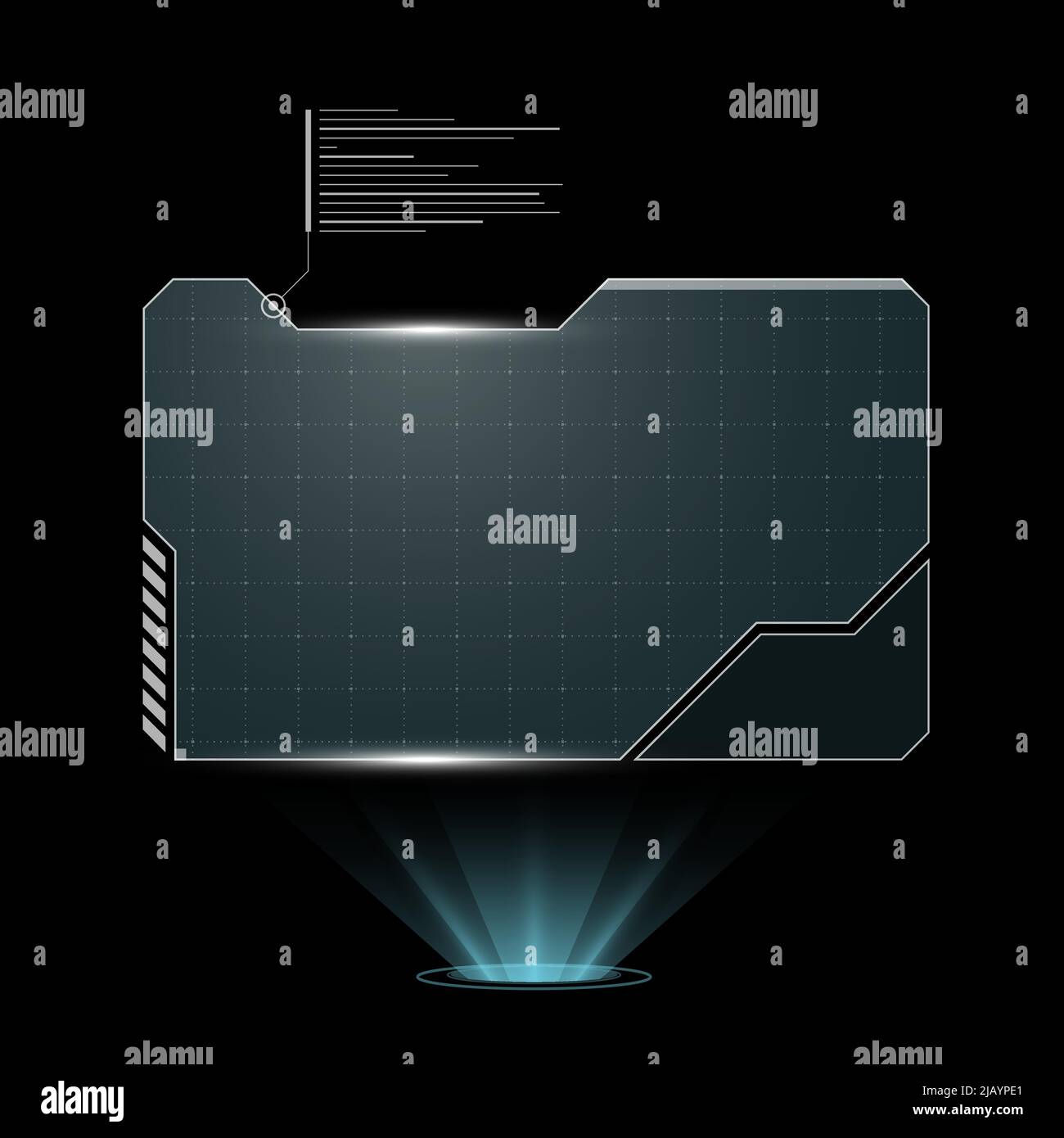 HUD digital futuristic user interface horizontal frame. Sci Fi high tech screen. Gaming menu touching monitoring hologram dashboard panel. Cyberspace head-up display technology information sign. Eps Stock Vector