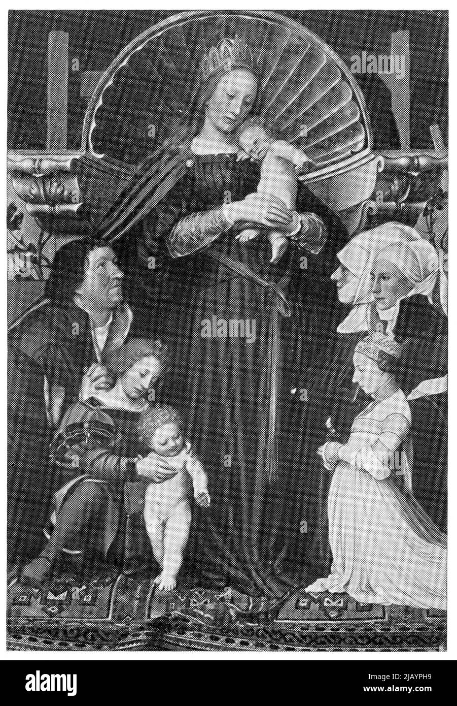 Darmstadt Madonna by a German-Swiss painter Hans Holbein the Younger. Publication of the book 'Meyers Konversations-Lexikon', Volume 2, Leipzig, Germany, 1910 Stock Photo
