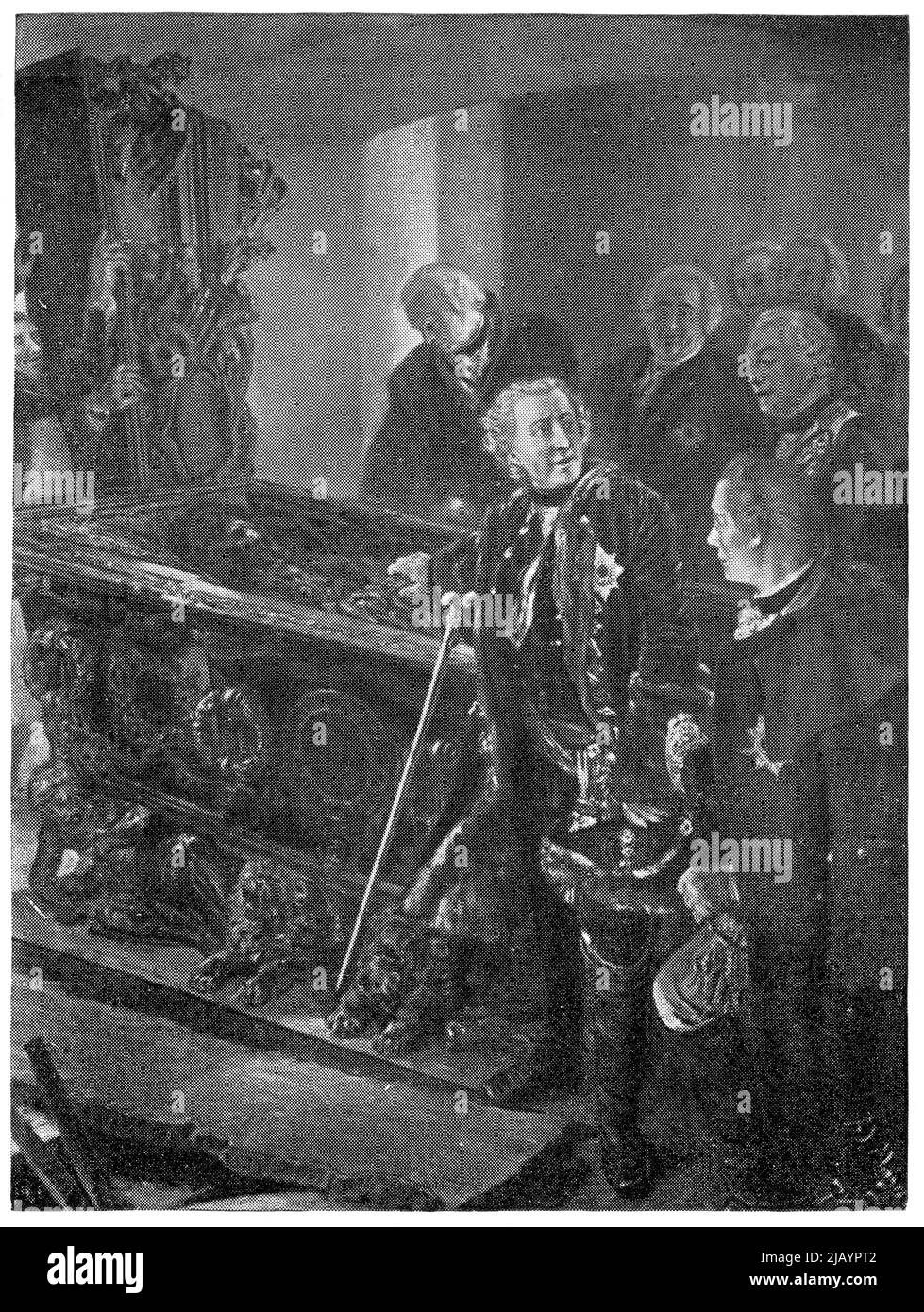 Frederick the Great at the coffin of the Great Elector by a German realist painter Adolph von Menzel. Publication of the book 'Meyers Konversations-Lexikon', Volume 2, Leipzig, Germany, 1910 Stock Photo