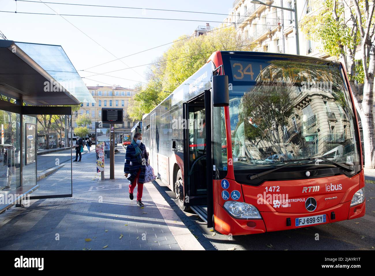 Buses in the centre of Marseille, France on December 6, 2021. Photograph by Bénédicte Desrus Stock Photo