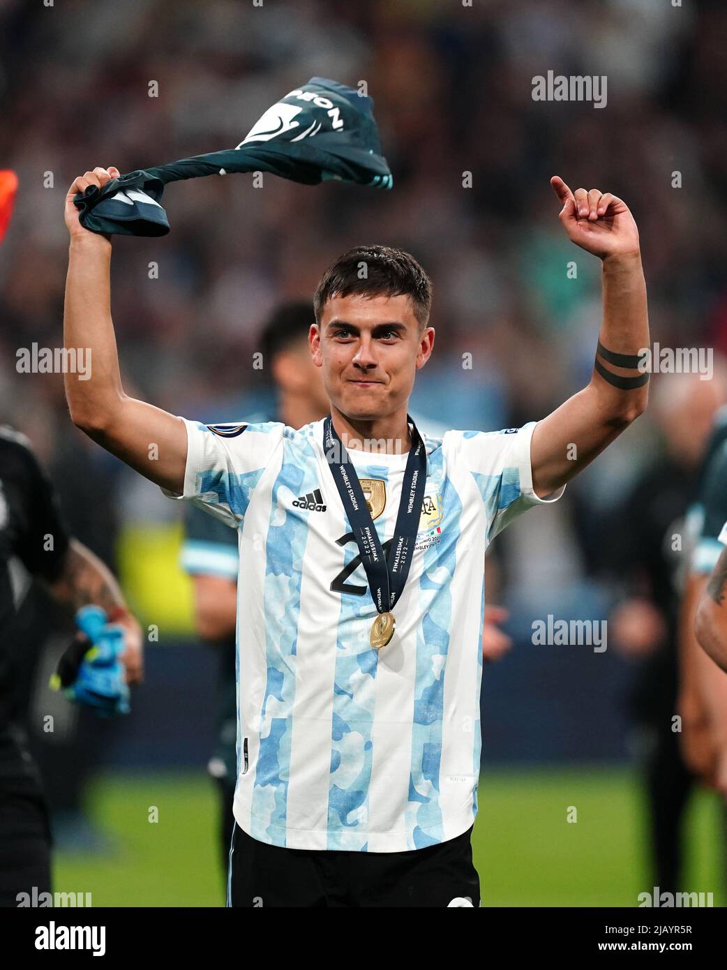 Argentina's Paulo Dybala celebrates after the Finalissima 2022 match at Wembley Stadium, London. Picture date: Wednesday June 1, 2022. Stock Photo